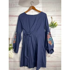Gigio Boutique Blue Cotton Floral Embroidered Tie Side Dress | NWOT |Size Medium